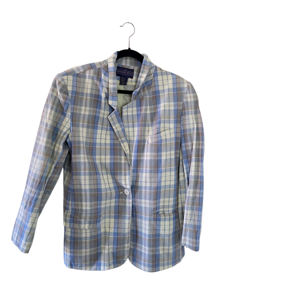 Vintage Herman Geist Plaid Blazer with Blue, Yellow, and Tan Tones. Size 12.